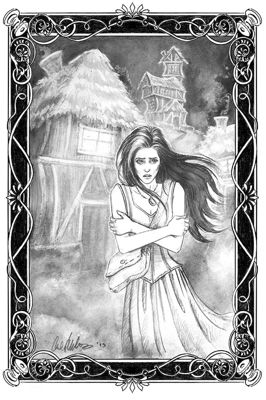 Shara and the Haunted Village Original Published Illustration Drawing #11 Shara Scared - Inlumined Arts LLC