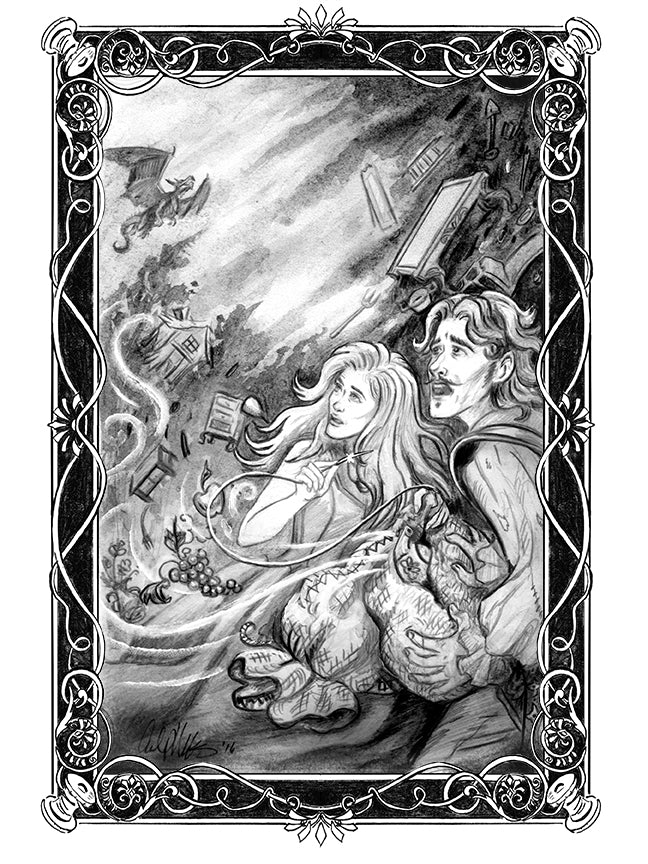 Shara and the Haunted Village Illustration Drawing #12 Shara Sewing - Inlumined Arts LLC