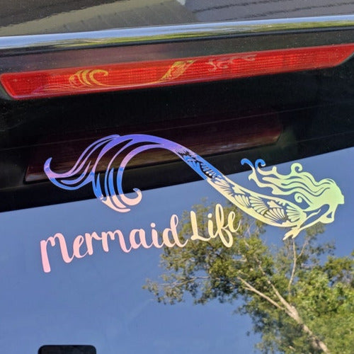 Mermaid life fantasy decal for car, boat, laptop, blue gold holographic sticker - Inlumined Arts LLC