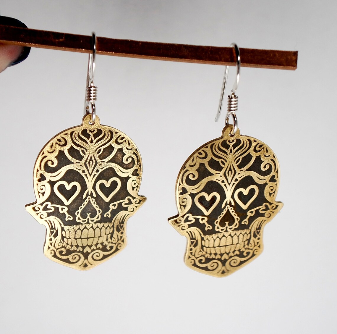 Sugar Skull Heart Dangle Drop Earrings in Brass or Silver - Inlumined Arts LLC