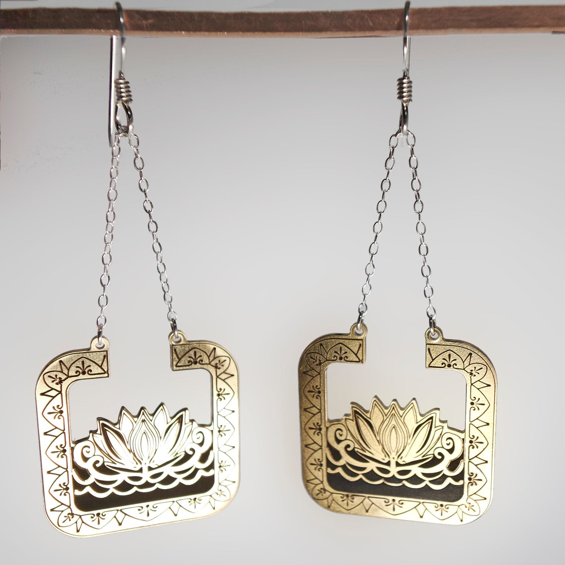 Lotus Flower Sterling Silver or Brass Dangle Drop Earrings - Inlumined Arts LLC