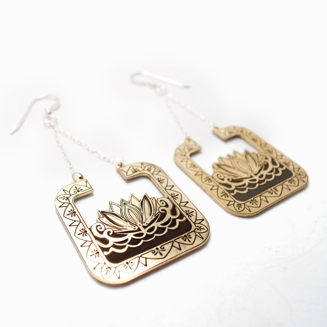 Lotus Flower Sterling Silver or Brass Dangle Drop Earrings - Inlumined Arts LLC