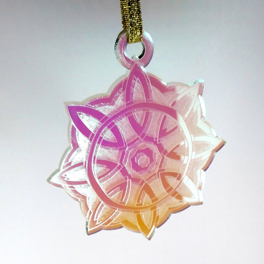 Celtic Snowflake Ornament - Yule Pagan Christmas Decor in Gold, Iridescent Acrylic, or Wood | Handmade Yuletide Tree Decoration Gift
