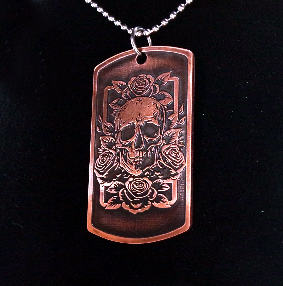 Rustic Copper Dog Tag Rose Skull Pendant