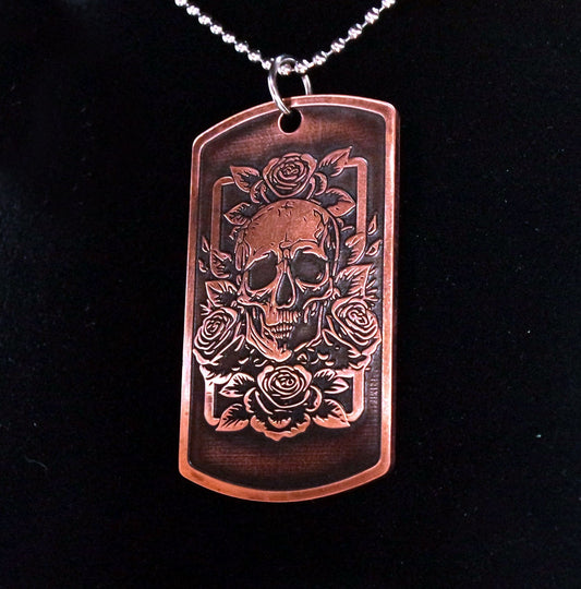Rustic Copper Dog Tag Rose Skull Pendant