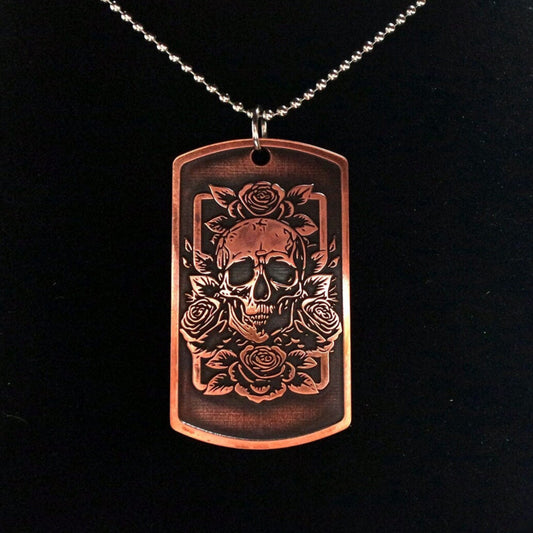 Rustic Copper Dog Tag Rose Skull Pendant