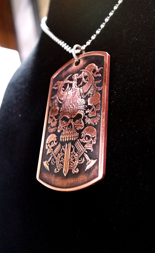 Rustic Copper Dog Tag Pendant Skull Pendant silver copper