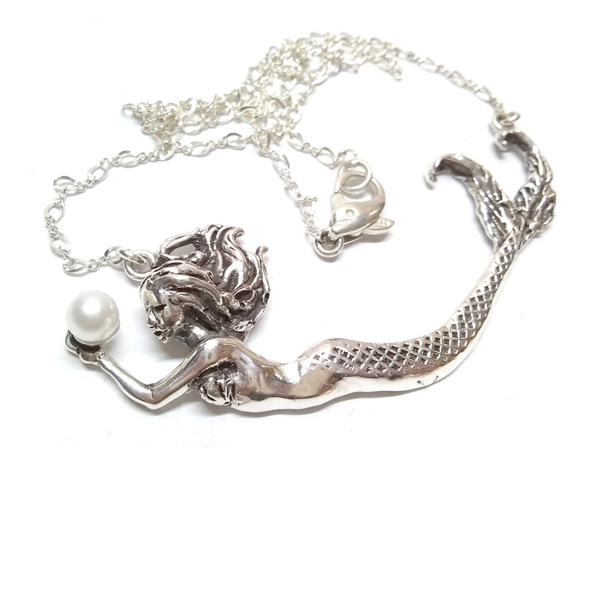 Mermaid Necklace, sterling silver mermaid, Pearl Necklace , Fantasy Art Mermaid Pendant, Womens Ocean dolphin Nautical 16" 18" Chain - Inlumined Arts LLC