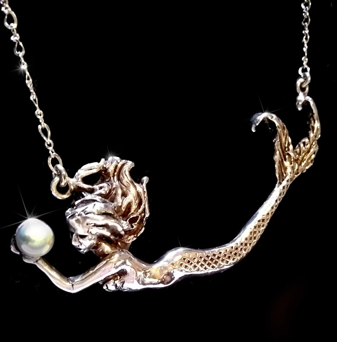 Mermaid Necklace, sterling silver mermaid, Pearl Necklace , Fantasy Art Mermaid Pendant, Womens Ocean dolphin Nautical 16" 18" Chain - Inlumined Arts LLC