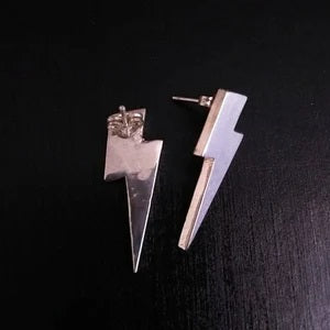 80s Sterling Silver Handmade Lightning Bolt Stud Earrings - Inlumined Arts LLC
