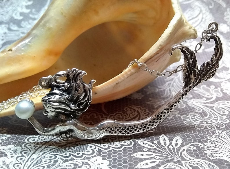 Mermaid Necklace, sterling silver mermaid, Pearl Necklace , Fantasy Art Mermaid Pendant, Womens Ocean dolphin Nautical 16" 18" Chain - Inlumined Arts LLC
