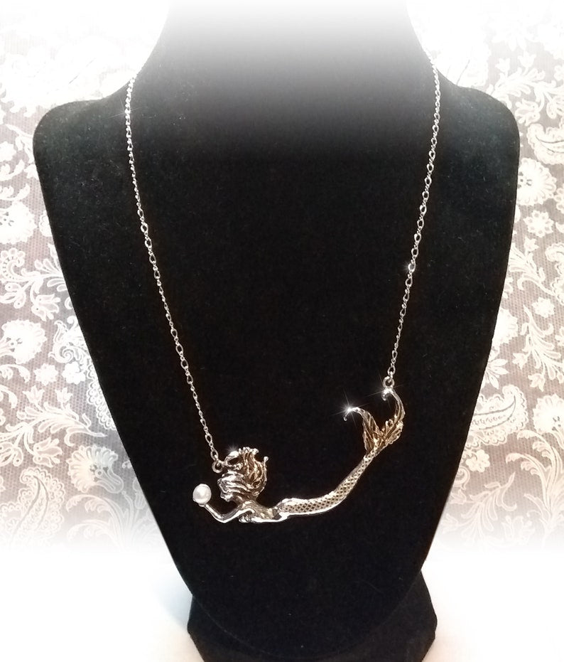 Mermaid Necklace, sterling silver mermaid, Pearl Necklace , Fantasy Art Mermaid Pendant, Womens Ocean dolphin Nautical 16" 18" Chain - Inlumined Arts LLC