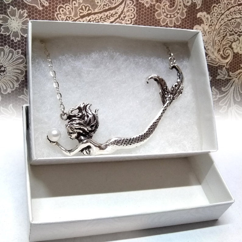 Mermaid Necklace, sterling silver mermaid, Pearl Necklace , Fantasy Art Mermaid Pendant, Womens Ocean dolphin Nautical 16" 18" Chain - Inlumined Arts LLC