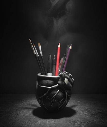 Anatomical Heart Vase Black & Silver Eco Resin Decor Pencil Holder