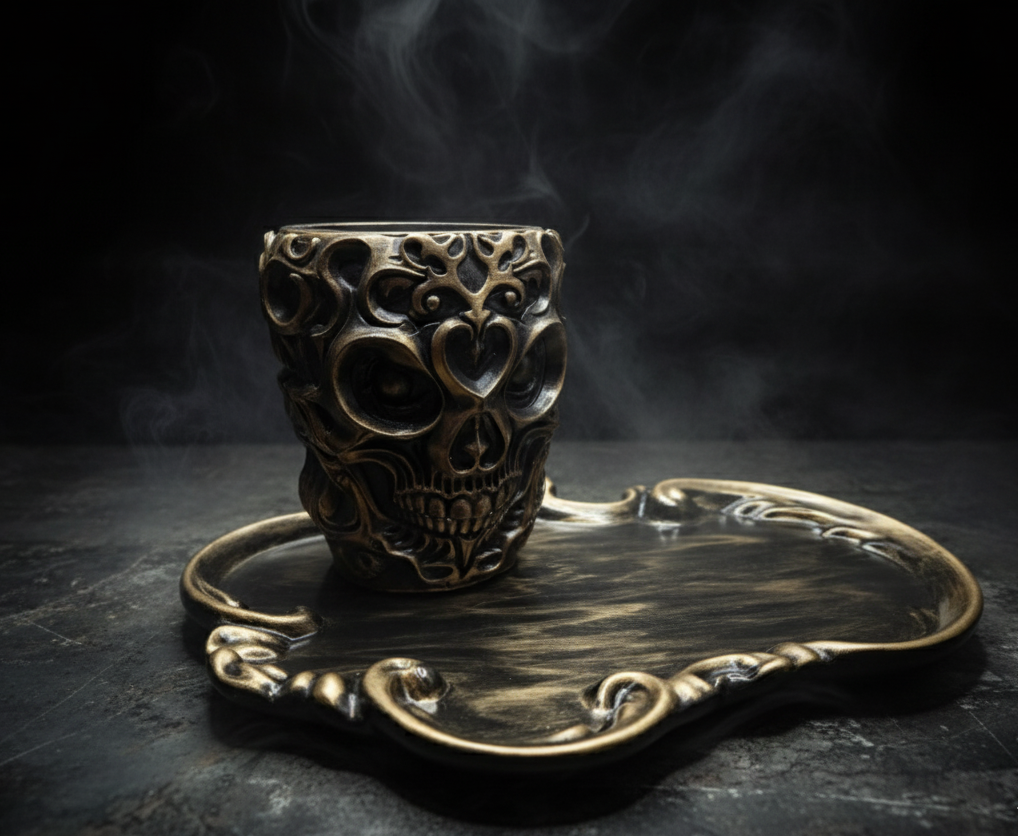 gothic gold trinket tray and skull cup, eco resin