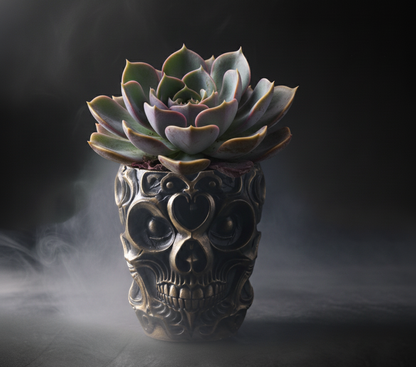 Gothic Skull Vessel Black & Bronze Resin Desk Organizer,  Dark Art Decor