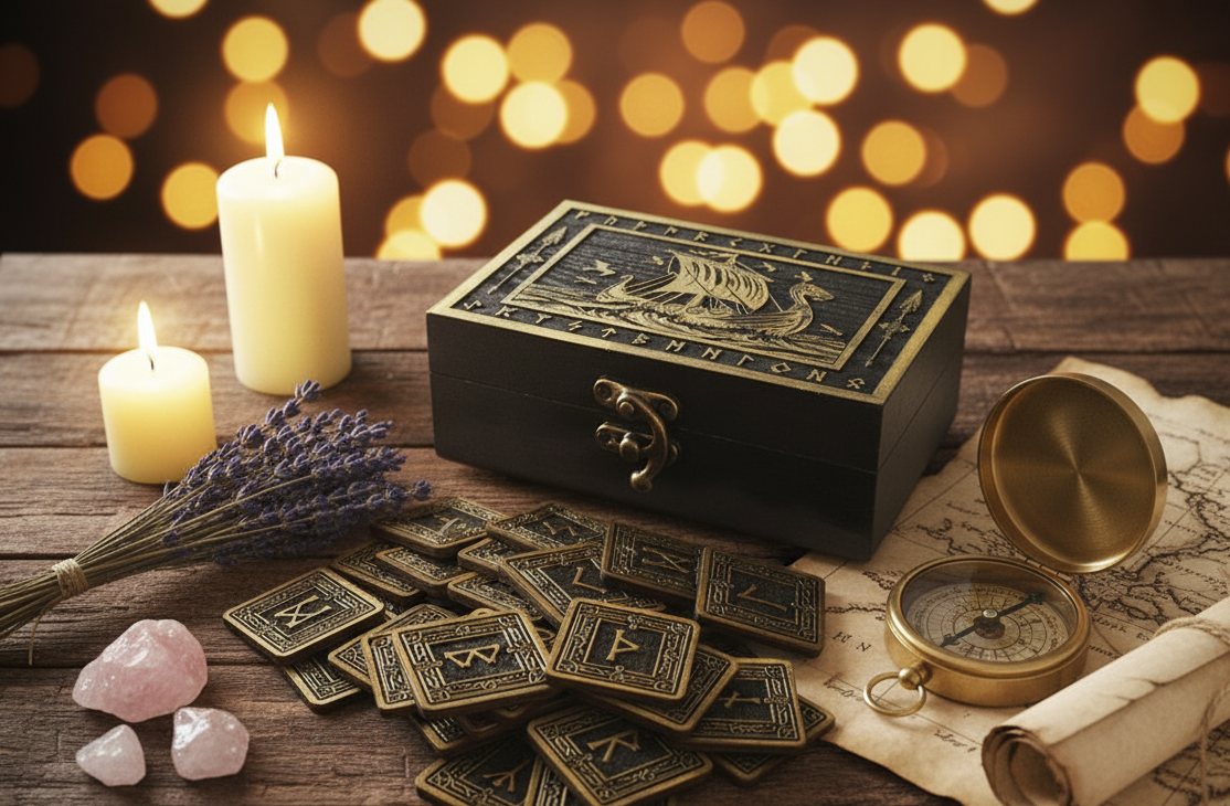 Boxed Wooden Rune Pagan Gift set, Norse Viking Ship