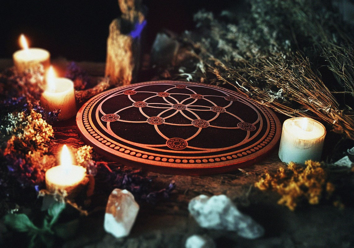 Seed of Life, Flower of Life, Gold Crystal Grid Altar Board