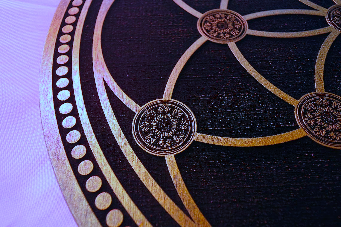Seed of Life, Flower of Life, Gold Crystal Grid Altar Board