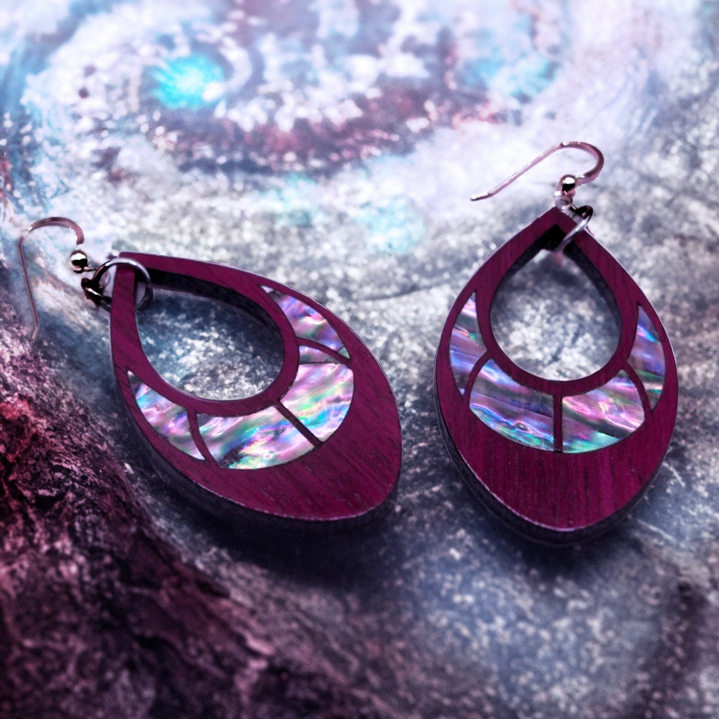 Avalon Mist Drop Dangle Wood Inlay Earrings