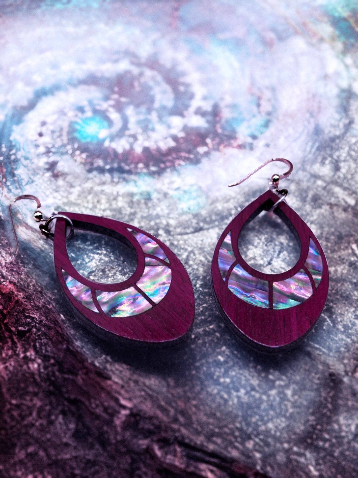 Avalon Mist Drop Dangle Wood Inlay Earrings