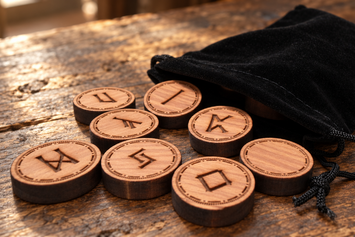 Cedar Wooden rune pieces arranged on a rustic wooden table next to an open black velvet drawstring bag.