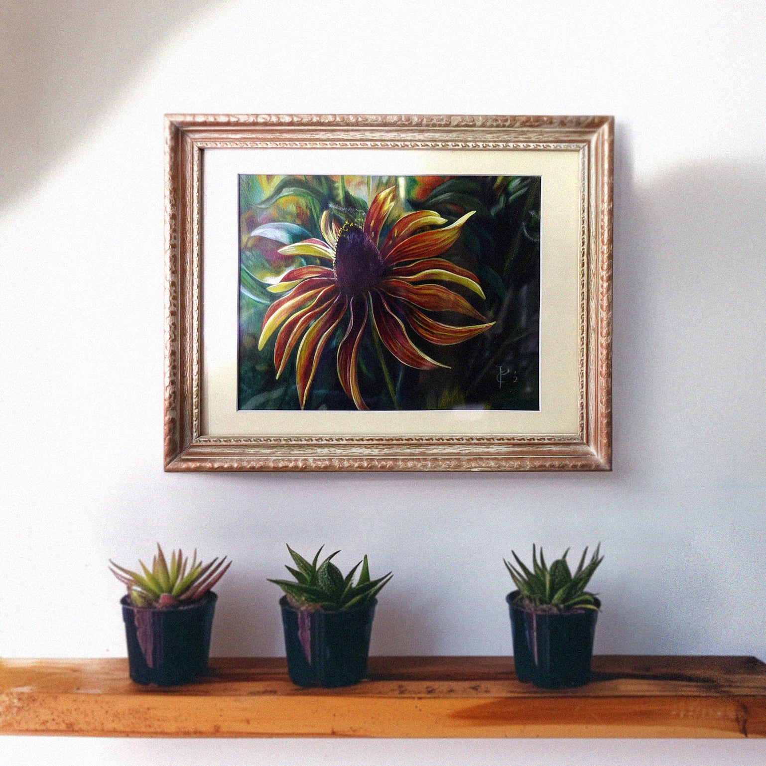 original floral artwork in frame, colored pencil , carol phillips