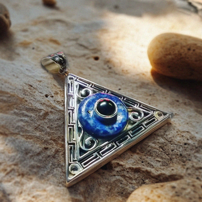 Evil Eye, Sterling Silver Amulet, Greek Pendant  with Lapis Lazuli and Onyx - Inlumined Arts LLC