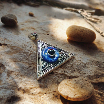 Evil Eye, Sterling Silver Amulet, Greek Pendant  with Lapis Lazuli and Onyx - Inlumined Arts LLC