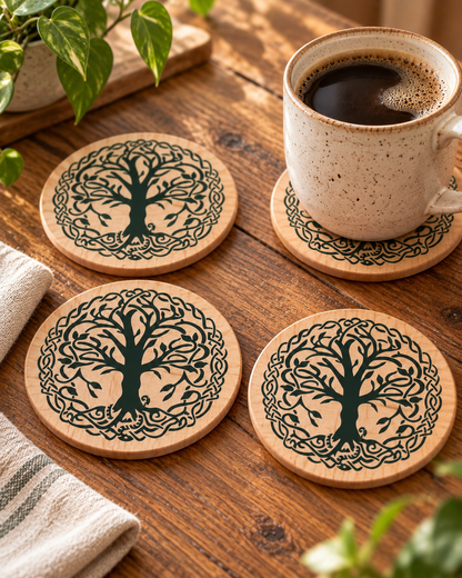 World Tree, Norse, Celtic ,tree of life wood coaster set of 4