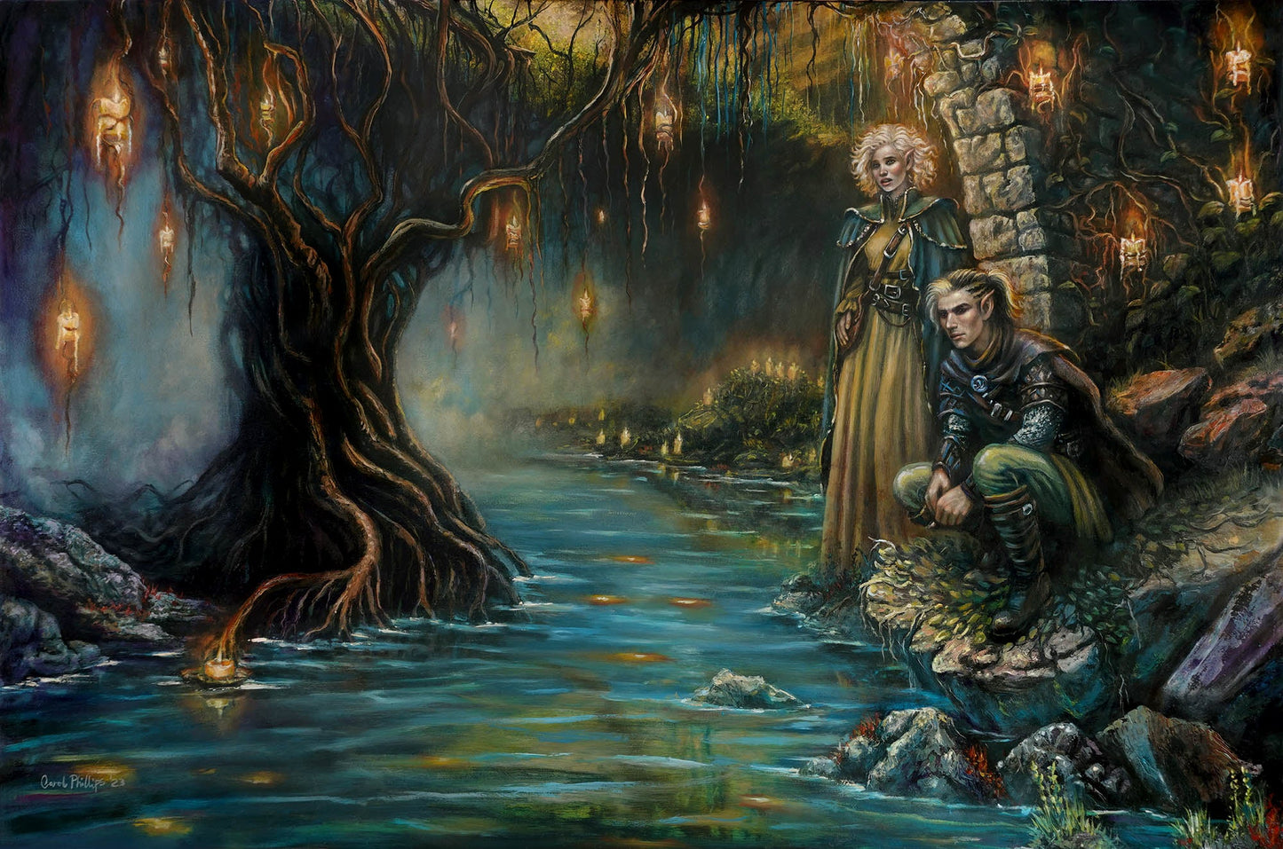Hero's Fate Elven Cavern Art Print, fantasy landcape wall art home decor