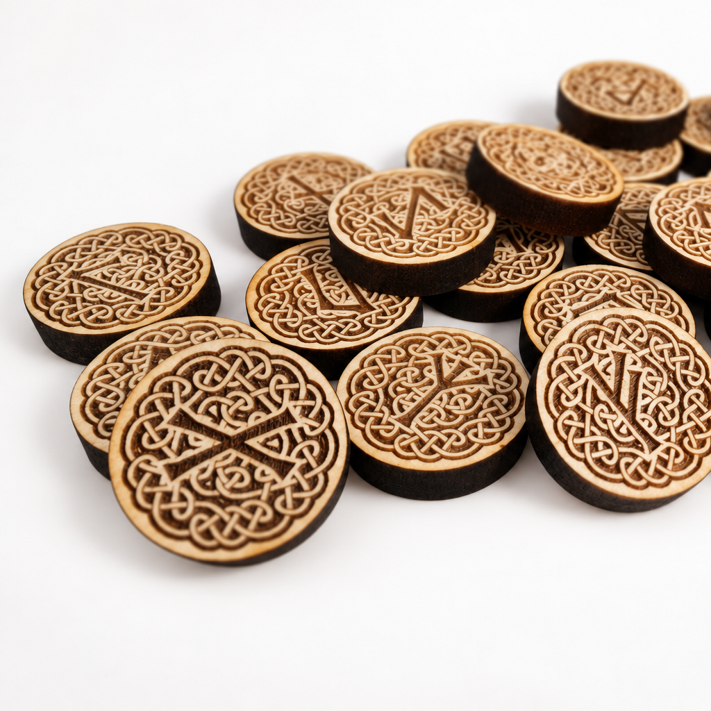 A pile of round wooden norse runes engraved Celtic knotwork patterns and runic symbols, shown on a clean white background.