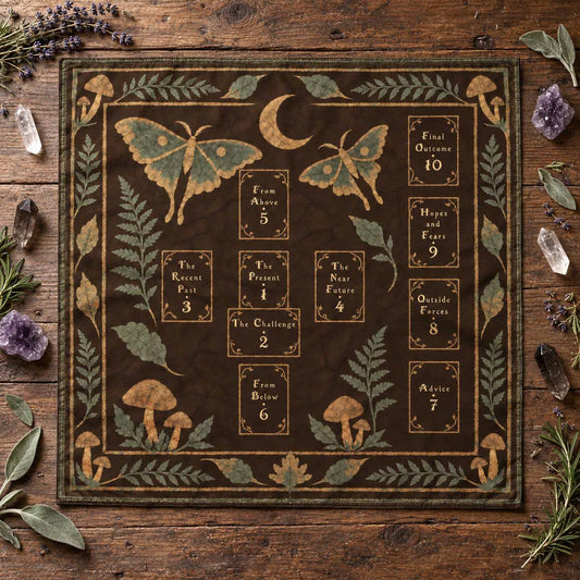 A square tarot card cloth featuring a dark brown background with illustrated moths, leaves, mushrooms, a crescent moon, and numbered card faces. Celtic cross design