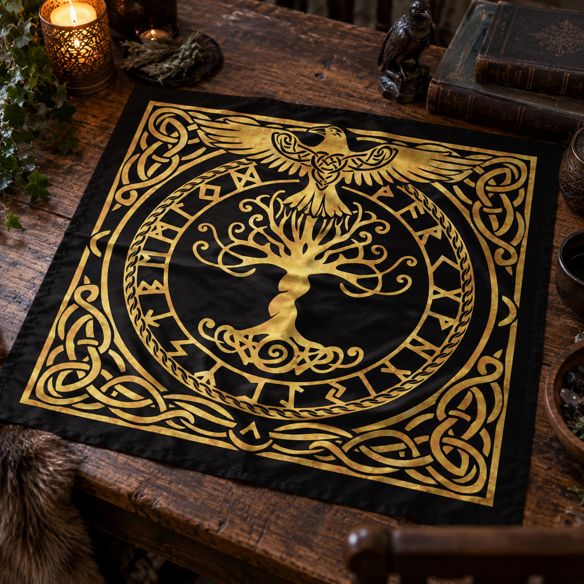 Norse Rune Circle Tarot Cloth World Tree Altar Cloth,  Divination Mat  Rune Casting Cloth