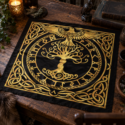 Norse Rune Circle Tarot Cloth World Tree Altar Cloth,  Divination Mat  Rune Casting Cloth