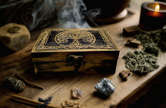 Antique gold World Tree stash box hand painted
