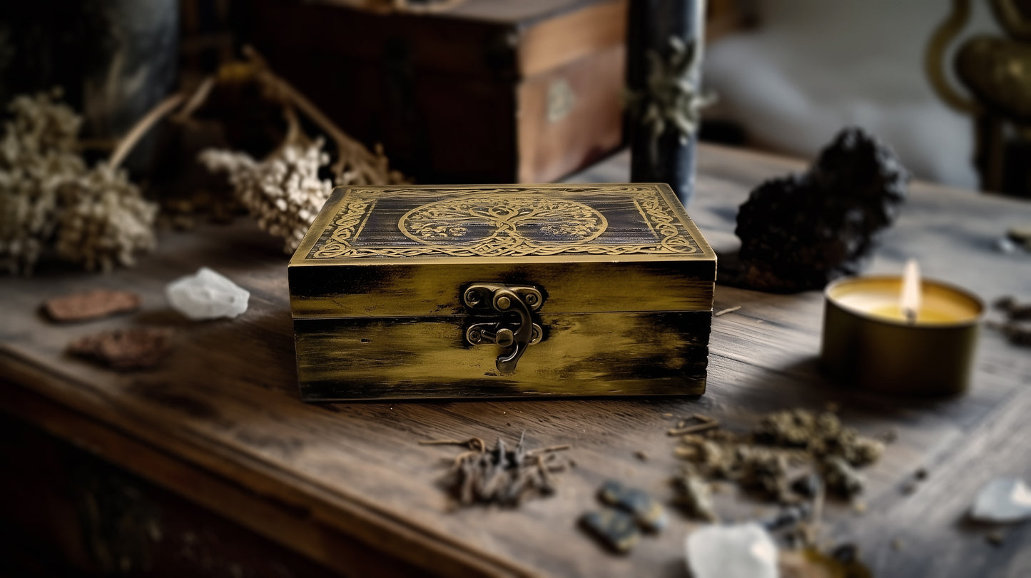 Antique Gold yggdrasil world tree stash box