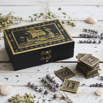 Boxed Wooden Rune Pagan Gift set, Norse Viking Ship