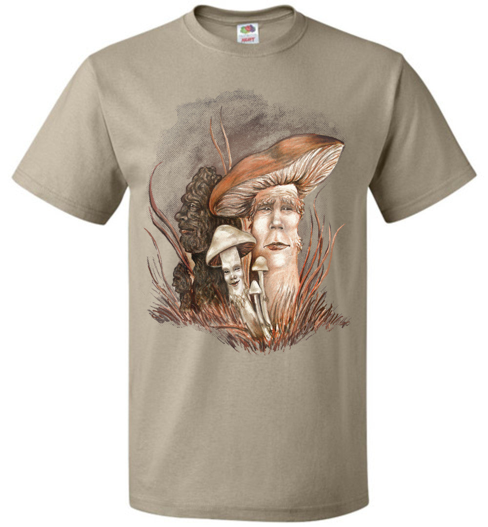 Mushroom People -Fruit of the Loom  Fantasy Art Nature T-shirt Unisex (S-6XL) Dark Colors - Inlumined Arts LLC