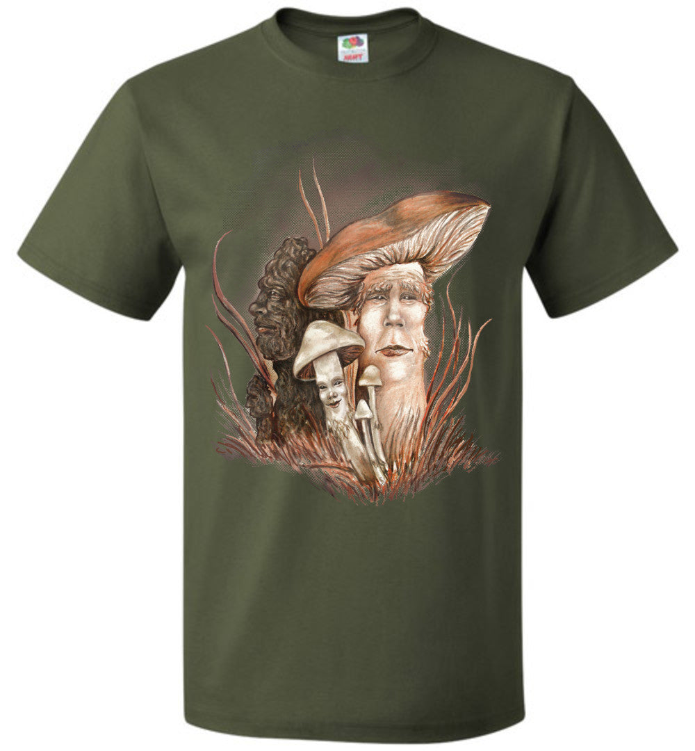 Mushroom People -Fruit of the Loom  Fantasy Art Nature T-shirt Unisex (S-6XL) Dark Colors - Inlumined Arts LLC