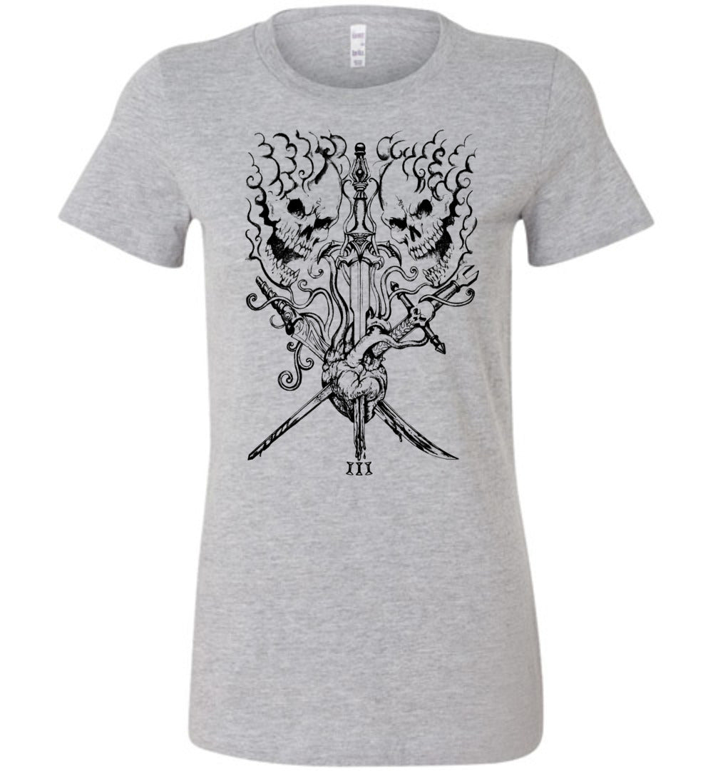 Ladies Fit Black on White Three of Swords T-shirt - Inlumined Arts LLC