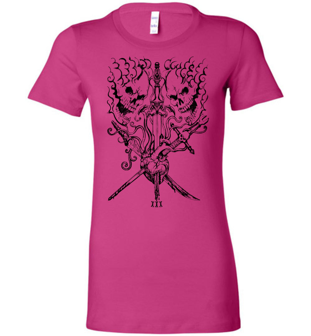 Ladies Fit Black on White Three of Swords T-shirt - Inlumined Arts LLC