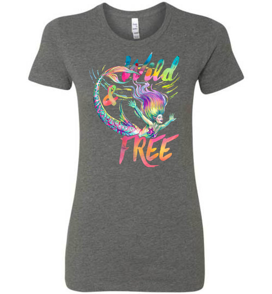 Wild and Free whimsical rainbow mermaid  shirt Bella  (s-2xl) - Inlumined Arts LLC