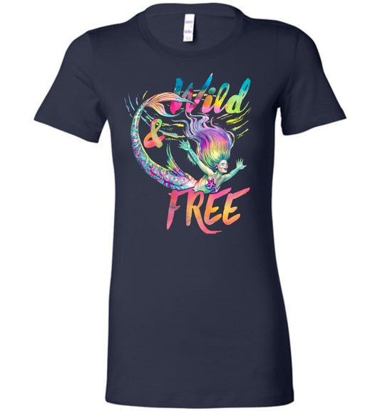 Wild and Free whimsical rainbow mermaid  shirt Bella  (s-2xl) - Inlumined Arts LLC