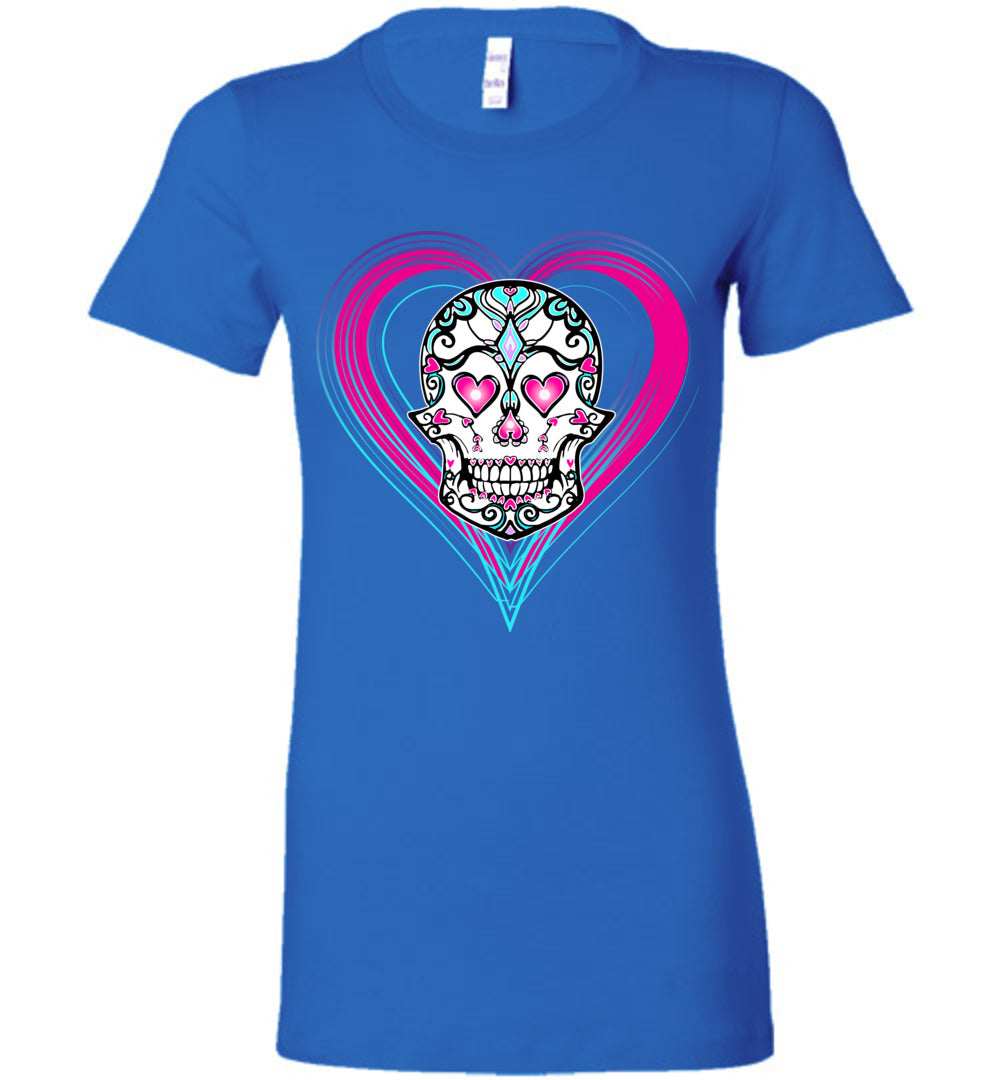 Sugar Skull Haloween Graphic Heart Dead of the Dead undead  Ladies Shirt S -2xl - Inlumined Arts LLC