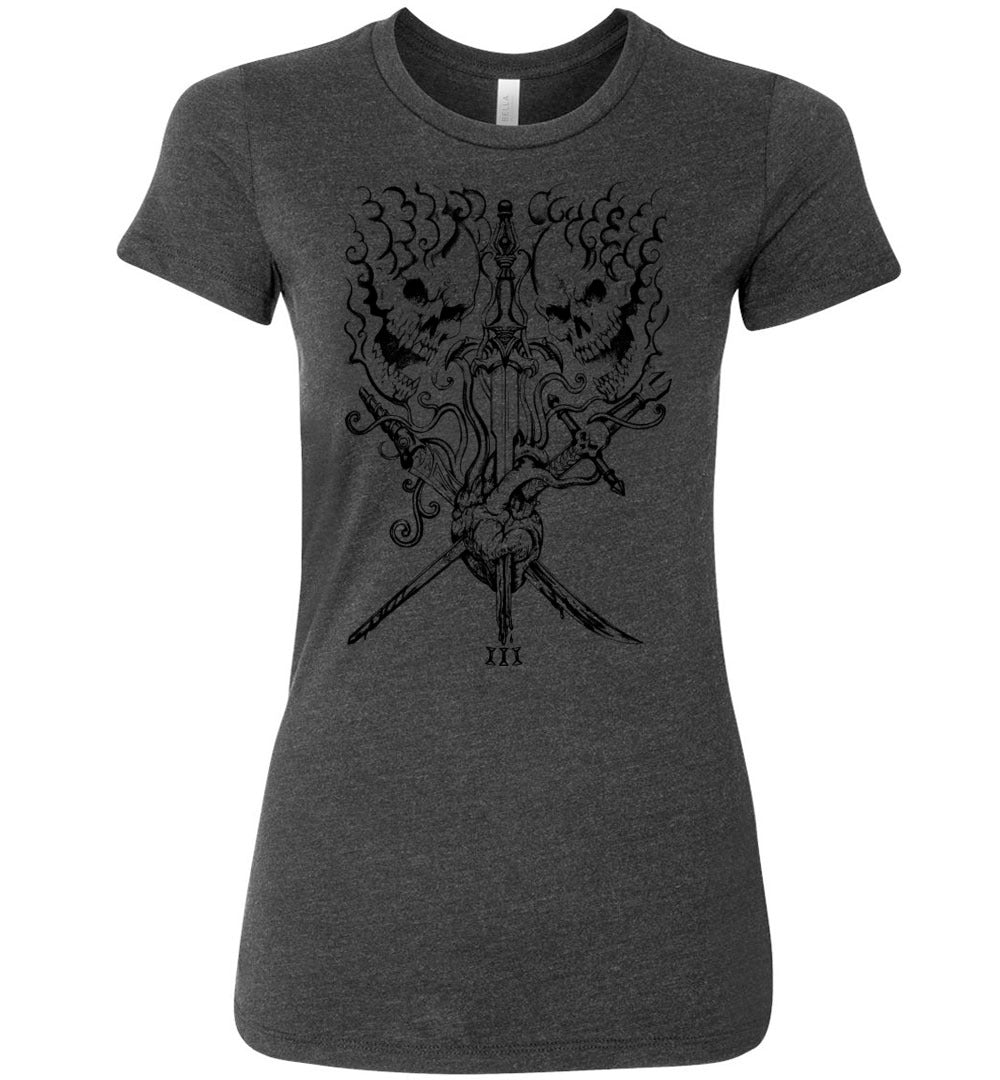 Ladies Fit Black on White Three of Swords T-shirt - Inlumined Arts LLC