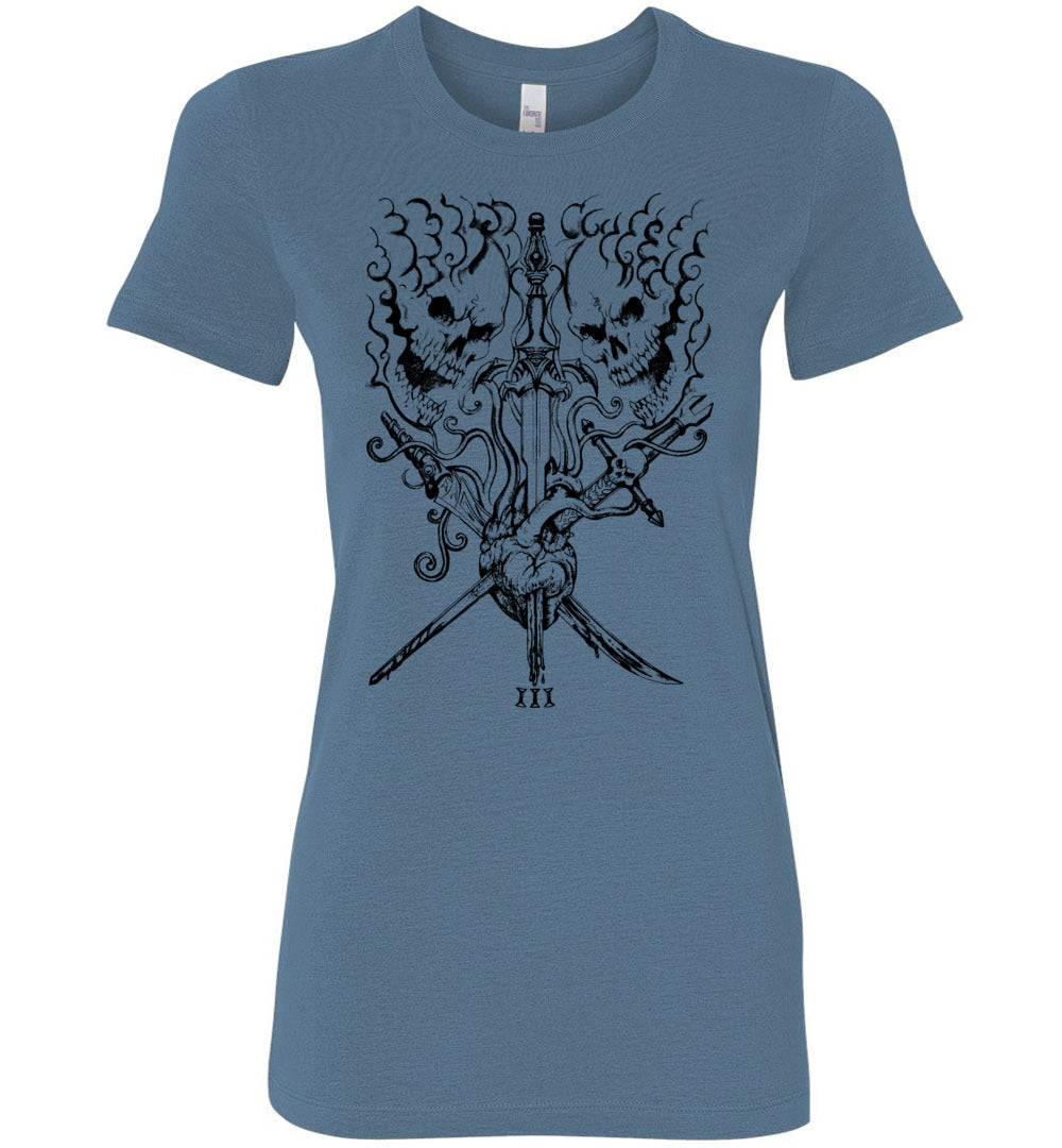Ladies Fit Black on White Three of Swords T-shirt - Inlumined Arts LLC