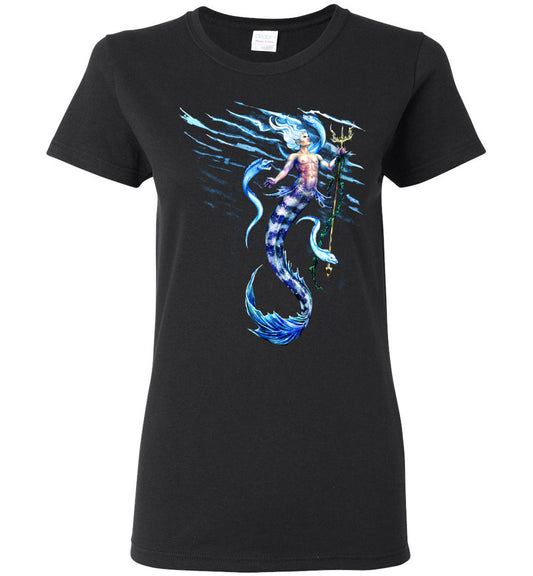 Deep Blue Merman Mermaid Ocean  Fish T-shirt Women Fit - Inlumined Arts LLC