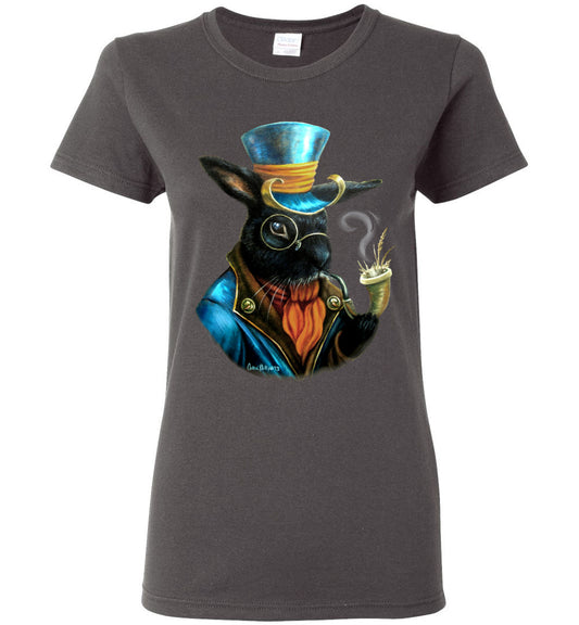 Ladies steam punk fantasy  smoking bunny  T-shirt - Inlumined Arts LLC