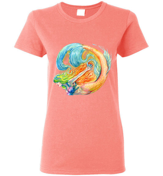 Color swirl Rainbow Siren Mermaid Beachwear t-shirt Gildan Womens - Inlumined Arts LLC